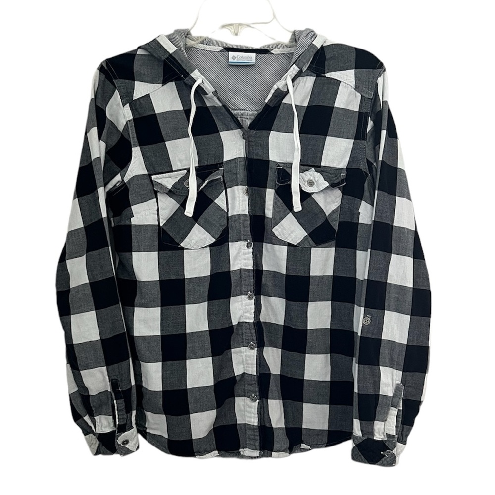 Columbia Hooded Plaid Button Down Shirt
